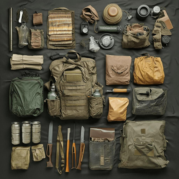 Survival gear and bushcraft items laid out against a black tarp