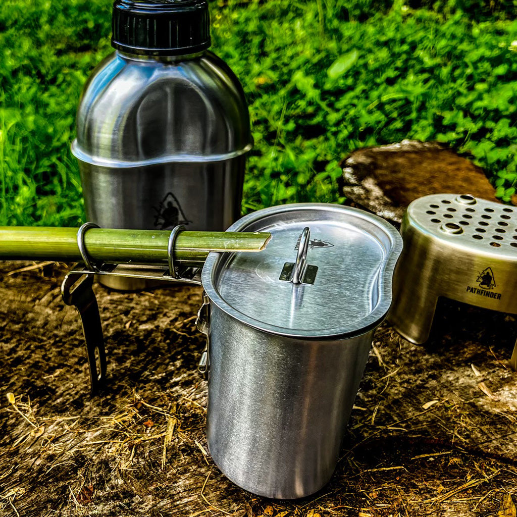 1 Quart Steel Water Canteen Cup with Folding Handle in Used Condition